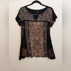 Skinny Minnie Black and Brown Paisley Y2K Short Sleeve Top Medium